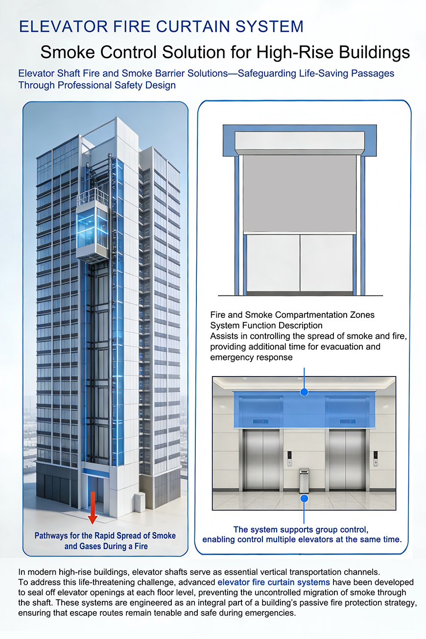 Vertical fire barrier smoke curtain elevator